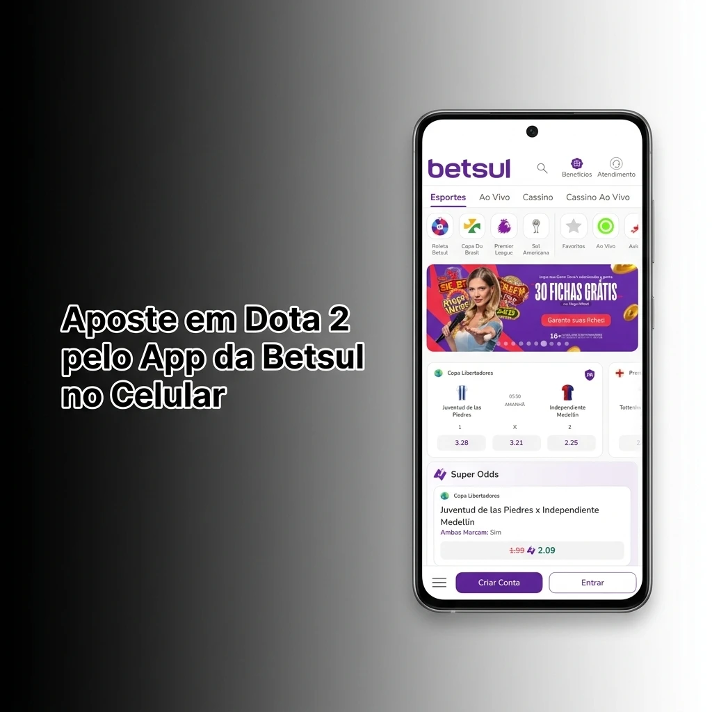 App da Betsul no celular para apostas em Dota 2, disponível para Android e iOS com acesso a esports — Betsul Brasil